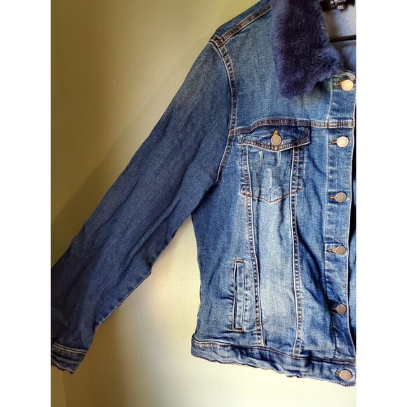 Black Label C’est Toi Women's Sz 3XL Distress Denim Navy Faux Fur Button Jacket - Picture 2 of 16